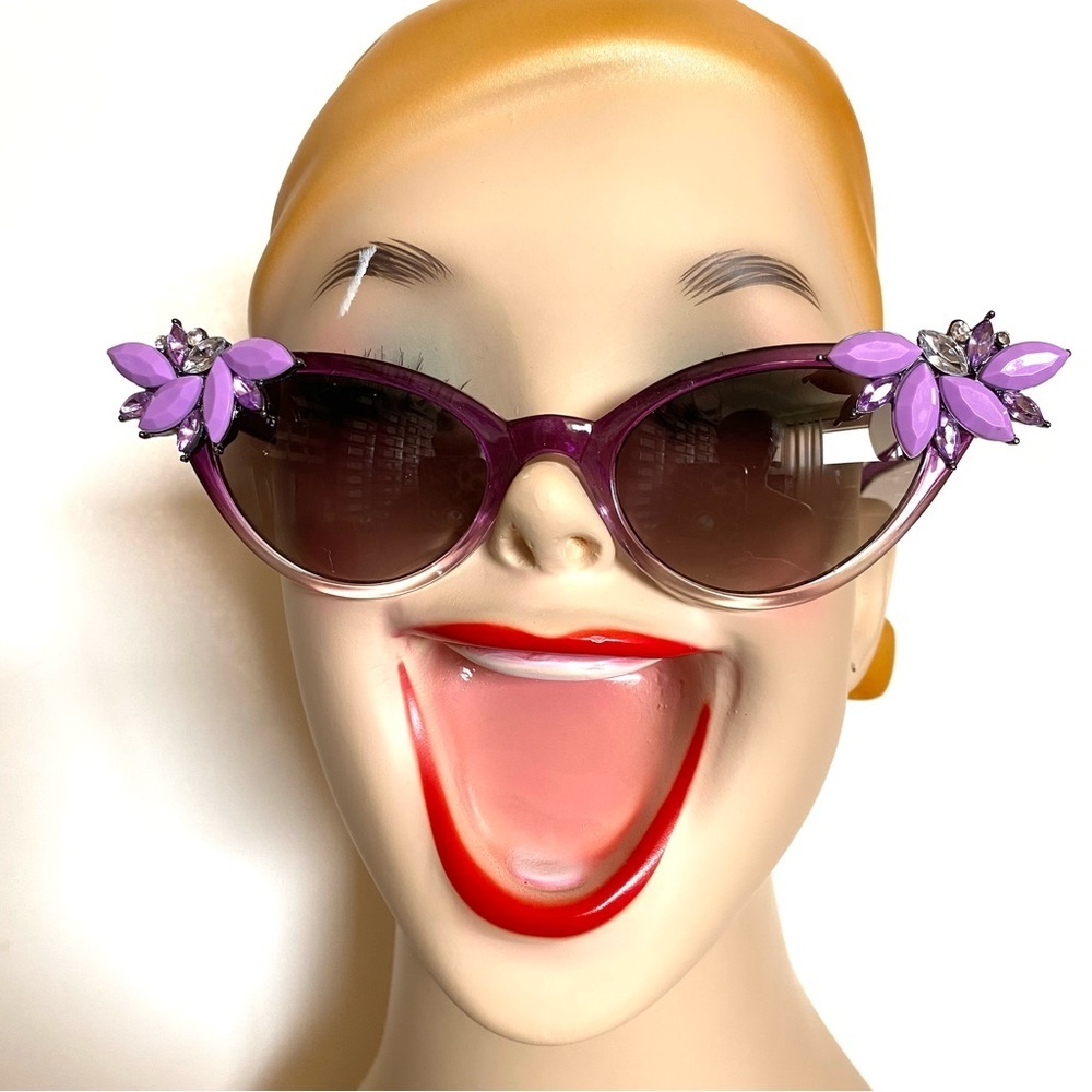 Retro Rhinestone hand embellished sunglasses Plum ombre with purple accents